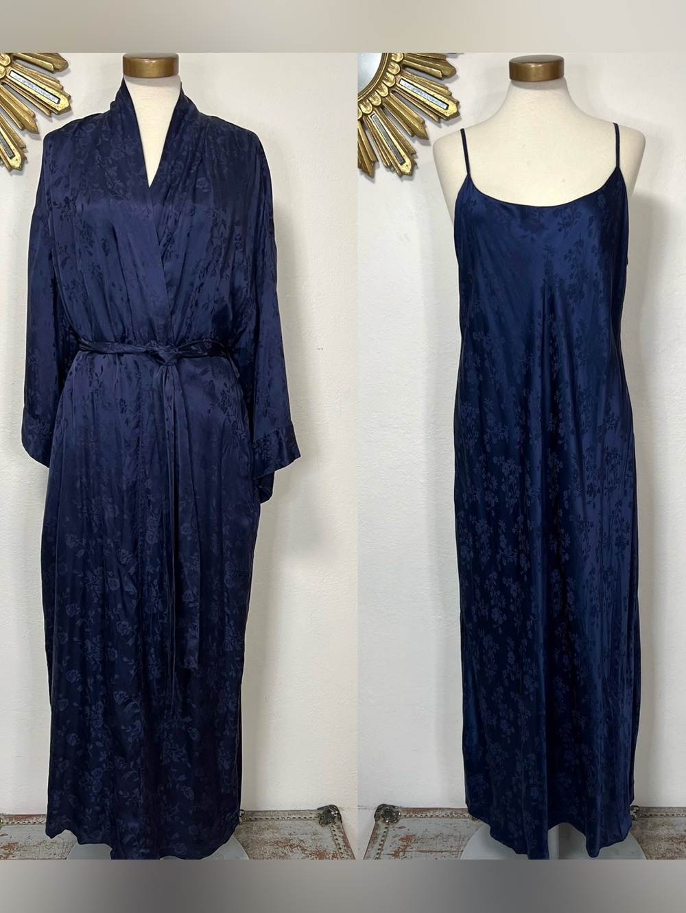 August Silk Navy Jacquard Robe & Slip Set